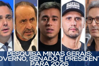 Mapa de Minas Gerais com 16 silhuetas representando candidatos ao Senado em 2026