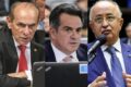 Palco de debate ao Senado no Piauí com cinco candidatos e três pódios vazios