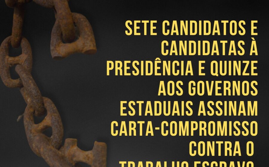 Três candidatos à presidência assinam documento da Conatrae contra trabalho escravo, sete cadeiras vazias ao fundo