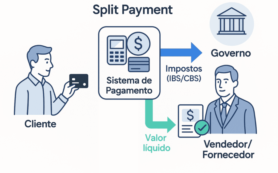 Ilustração do Split Payment 2027 com divisão de pagamentos B2B, calendário e alerta sobre exceções