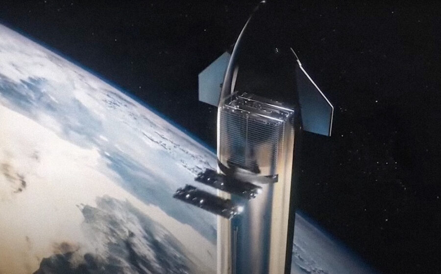 Starship da SpaceX no pódio de lançamento Starbase Texas ao amanhecer pronta para voo orbital 14