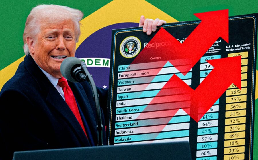 Donald Trump discursando com gráficos de comércio de carne bovina Brasil-EUA ao fundo