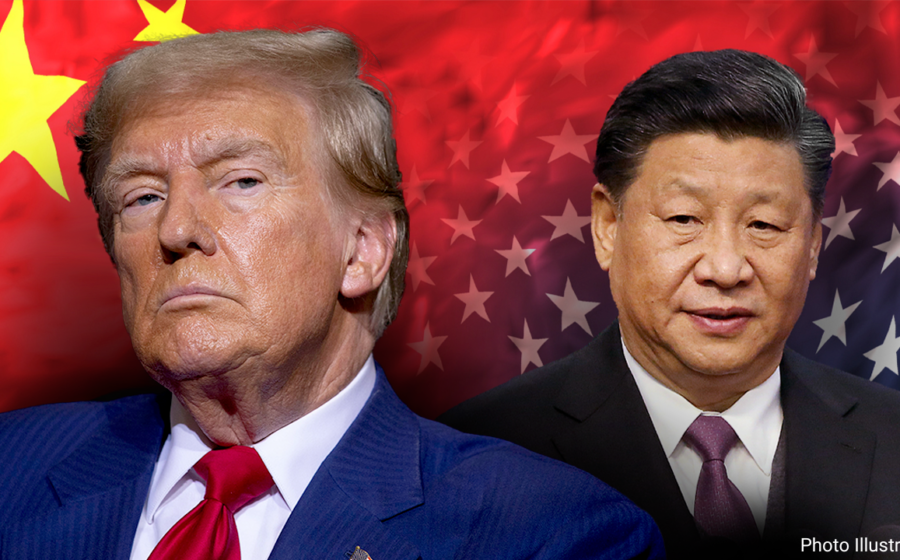 Trump e Xi Jinping apertam as mãos na Casa Branca com hologramas de IA ao fundo