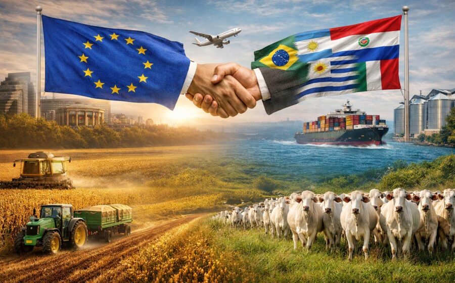 Mapa da Europa e América do Sul unidos por aperto de mão, bandeira da Polônia ao fundo e balança da justiça