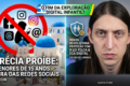 Ilustração de criança usando smartphone com símbolos de proibição da UE sobre redes sociais e IA