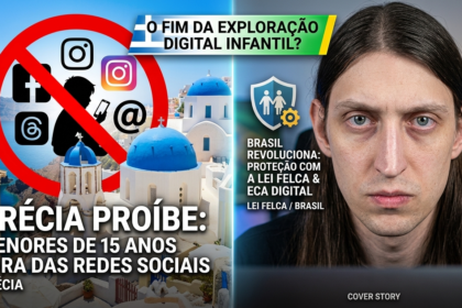 Ilustração de criança usando smartphone com símbolos de proibição da UE sobre redes sociais e IA