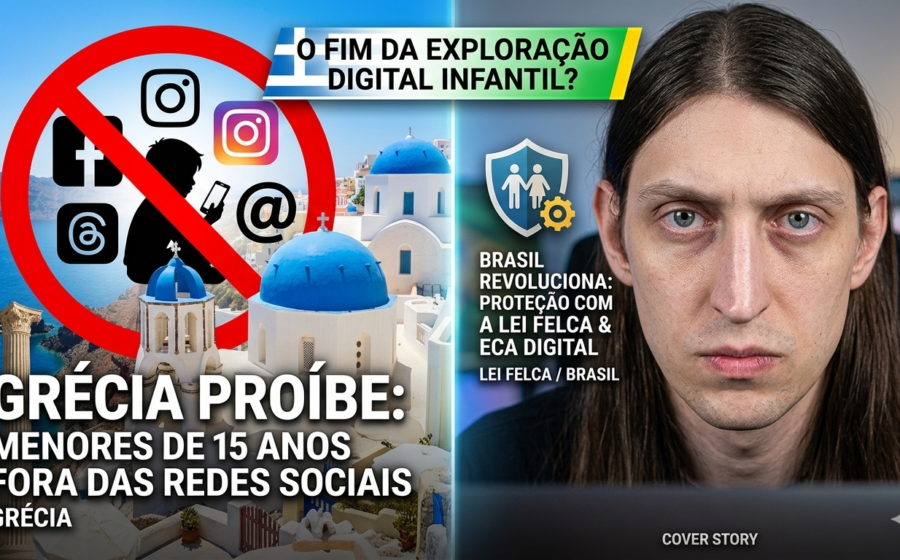 Ilustração de criança usando smartphone com símbolos de proibição da UE sobre redes sociais e IA