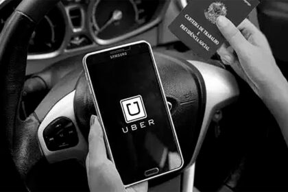 Ilustração de martelo judicial sobre logotipo da Uber com valores de R$ 200 milhões e ícones de segurança