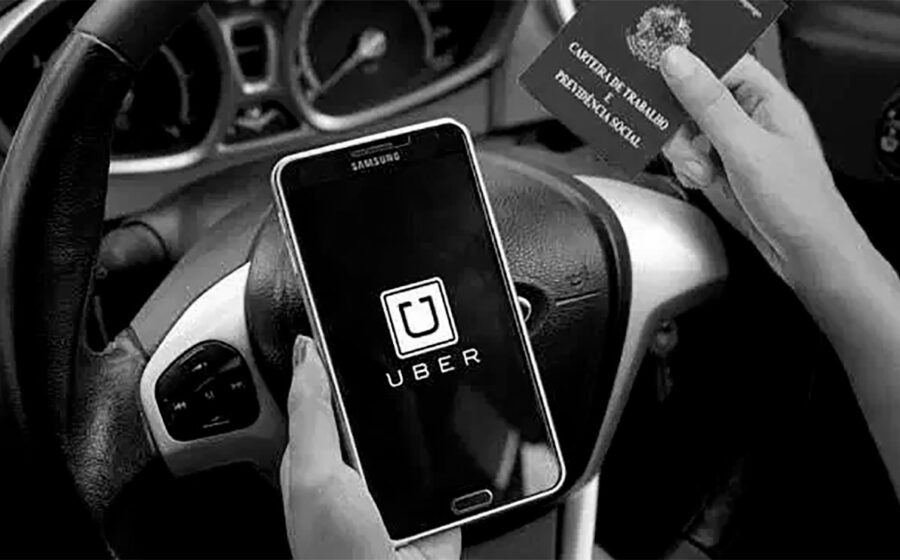 Ilustração de martelo judicial sobre logotipo da Uber com valores de R$ 200 milhões e ícones de segurança