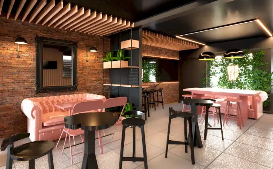 Loja conceito com café, sofás e decoração instagramável para experiência de varejo físico