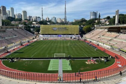 Vista aérea da Arena Pacaembu com edifícios Vitacon no entorno, Perdizes, São Paulo