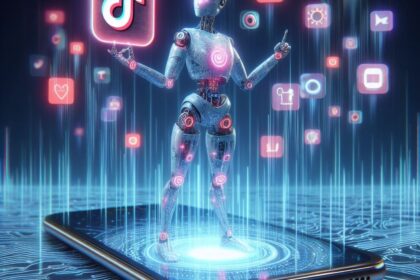 Inteligência artificial invadindo TikTok no smartphone, acessando câmera e fotos remotamente