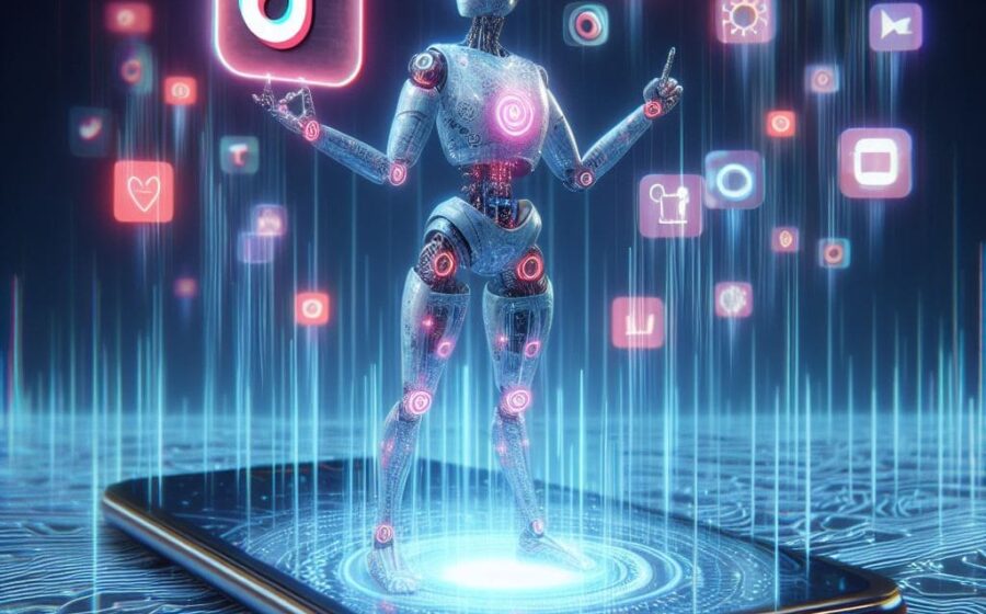 Inteligência artificial invadindo TikTok no smartphone, acessando câmera e fotos remotamente
