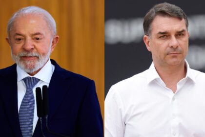 Lula e Flávio Bolsonaro lado a lado com gráficos da pesquisa Datafolha mostrando empate técnico 39% a 36%