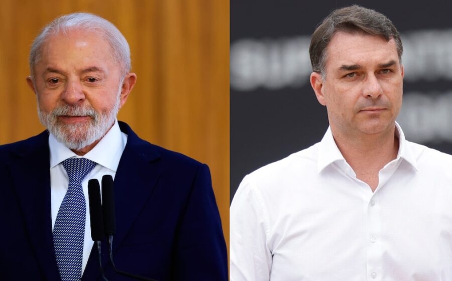 Lula e Flávio Bolsonaro lado a lado com gráficos da pesquisa Datafolha mostrando empate técnico 39% a 36%