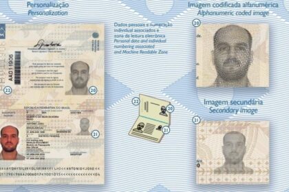 Passaporte aberto mostrando foto antiga que não corresponde à aparência atual do viajante, alerta para imigração