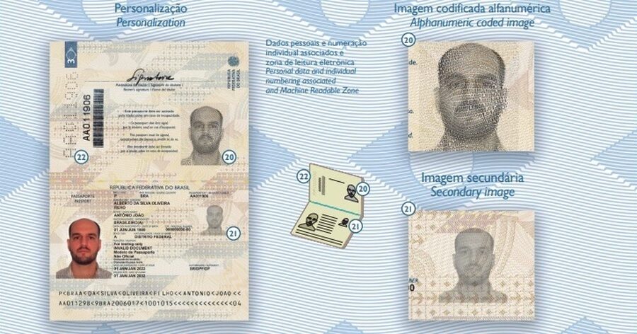 Passaporte aberto mostrando foto antiga que não corresponde à aparência atual do viajante, alerta para imigração