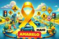 Trânsito intenso em avenida brasileira com relógio e dinheiro queimando simbolizando custo do deslocamento