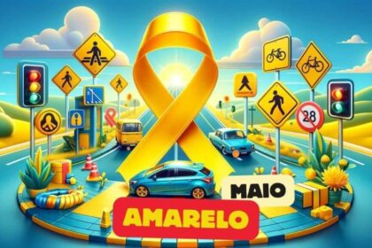 Trânsito intenso em avenida brasileira com relógio e dinheiro queimando simbolizando custo do deslocamento