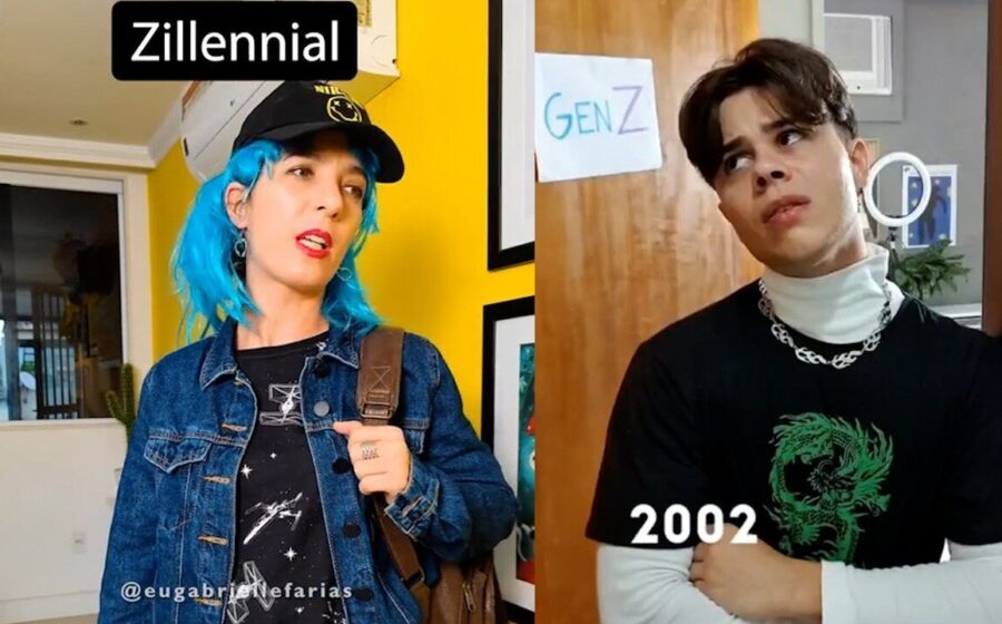 Grupo diverso de zillennials usando smartphones e vitrola, simbolizando transição analógico-digital