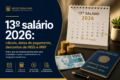 Calendário 2026 destacando datas do 13º salário: 30 novembro e 18 dezembro com alerta de antecipação