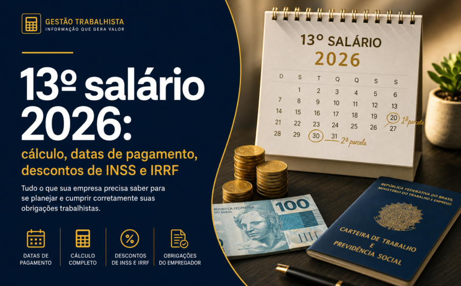 Calendário 2026 destacando datas do 13º salário: 30 novembro e 18 dezembro com alerta de antecipação