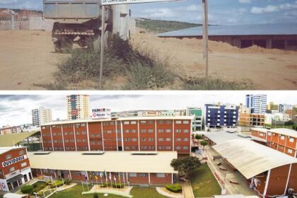 Fachada da FAINOR em Vitória da Conquista com estudantes e bandeiras comemorativas 25 anos