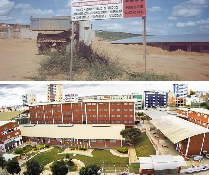 Fachada da FAINOR em Vitória da Conquista com estudantes e bandeiras comemorativas 25 anos