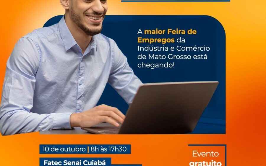 Feira de empregos na UniSenai Cuiabá com filas de candidatos e estandes de empresas como Ambev e Havaianas