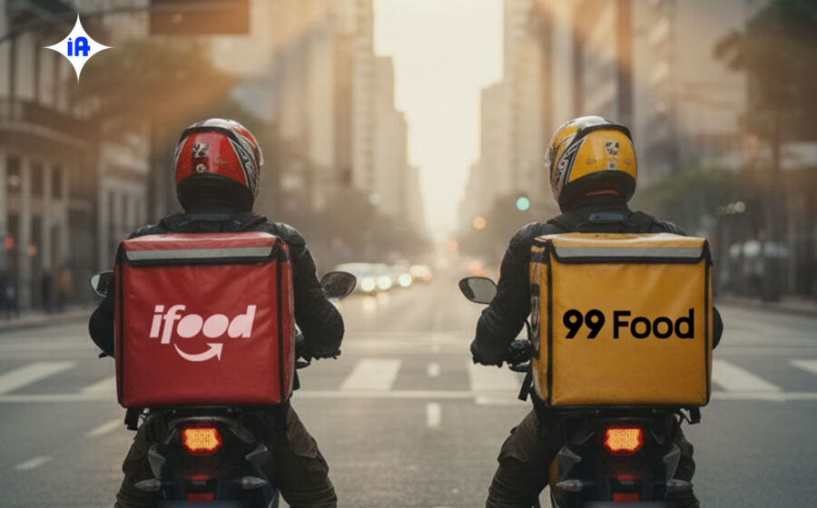 Logotipos 99Food e iFood em confronto com balança da justiça e valor R$ 50 mil