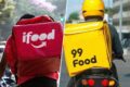 Logos da 99Food e iFood com balança da justiça representando condenação por concorrência desleal