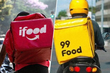 Logos da 99Food e iFood com balança da justiça representando condenação por concorrência desleal