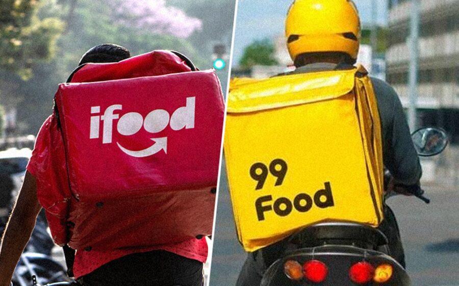 Logos da 99Food e iFood com balança da justiça representando condenação por concorrência desleal