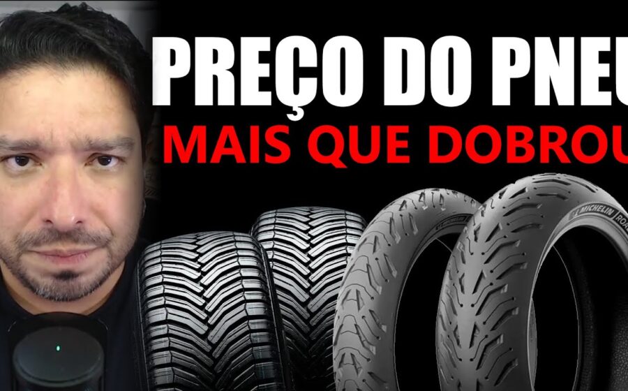 Pneus de motocicleta empilhados em armazém industrial com gráfico de importações crescentes