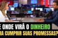 Ilustração de calculadora com documentos orçamentários e notas fiscais representando promessas de campanha e contas públicas