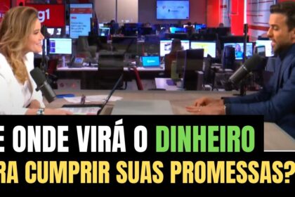 Ilustração de calculadora com documentos orçamentários e notas fiscais representando promessas de campanha e contas públicas