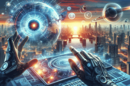 Martha Gabriel, futurista e especialista em IA, em retrato profissional com elementos visuais de tecnologia e inovação