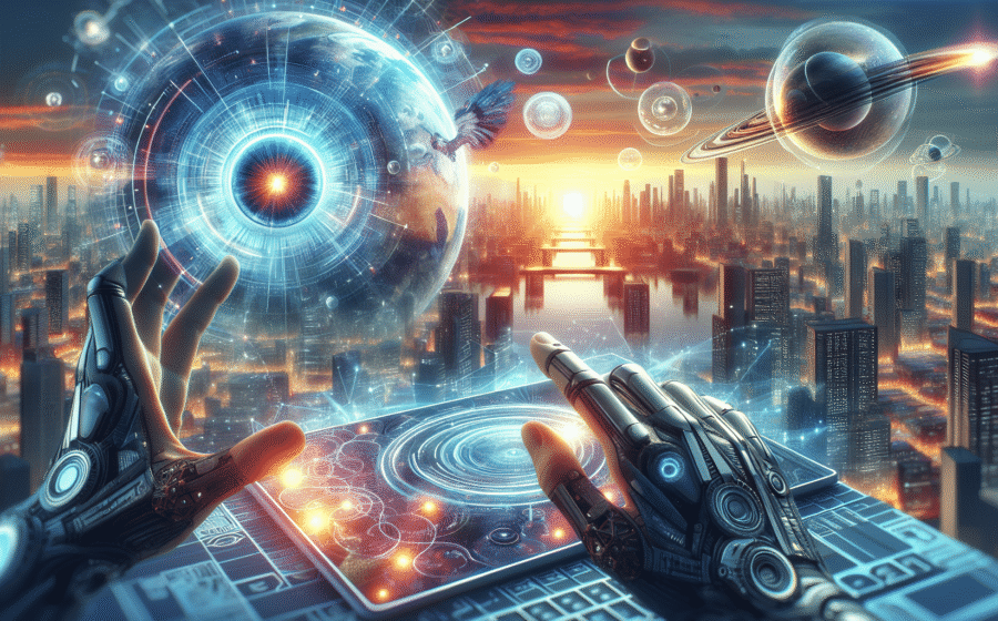 Martha Gabriel, futurista e especialista em IA, em retrato profissional com elementos visuais de tecnologia e inovação