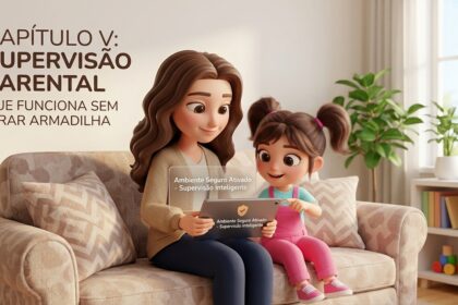 Pais monitorando uso de smartphone por adolescente com ícones de controle parental