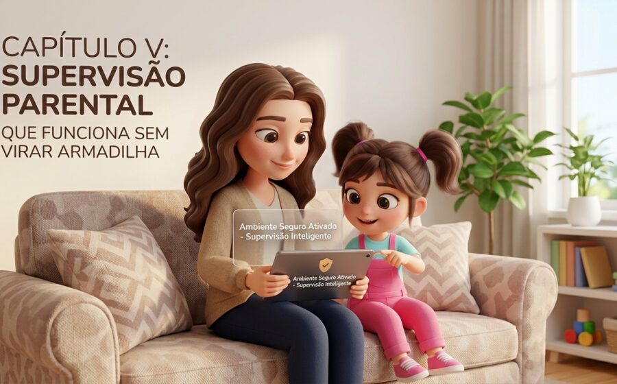 Pais monitorando uso de smartphone por adolescente com ícones de controle parental