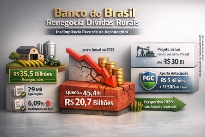 Trabalhadores rurais em plantação com gráficos de crescimento do agronegócio ao fundo