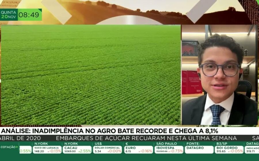 Trabalhadores rurais em plantação de soja com máquinas agrícolas ao fundo