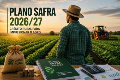Agricultor preocupado olha lavoura de soja com silos ao fundo, simbolizando endividamento rural e risco à safra 2026/27