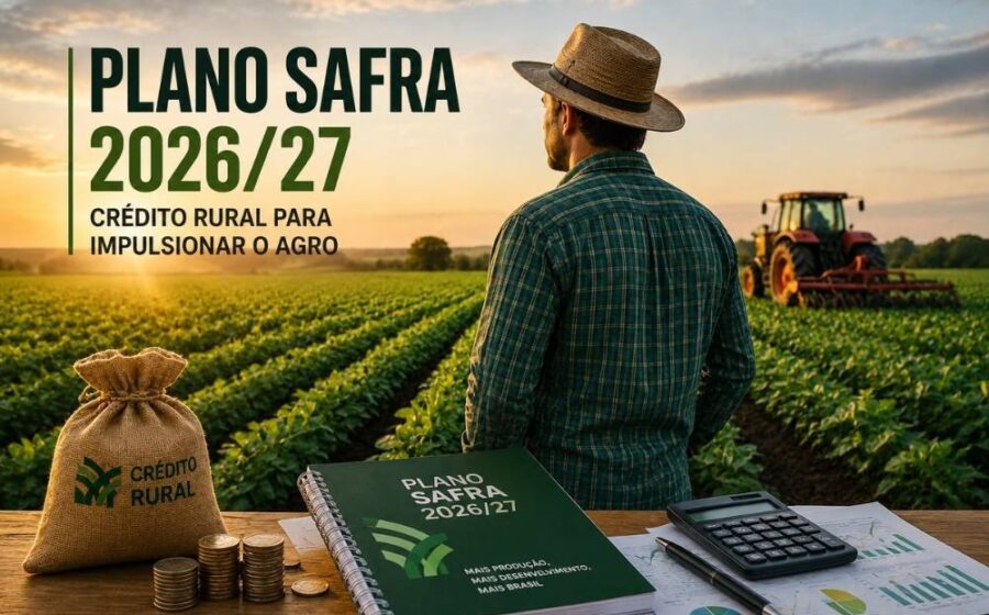 Agricultor preocupado olha lavoura de soja com silos ao fundo, simbolizando endividamento rural e risco à safra 2026/27