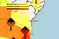 Mapa da Bahia com alerta de tempestade: Feira de Santana e 54 municípios em risco com chuvas fortes, ventos e granizo