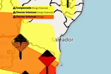 Mapa da Bahia com alerta de tempestade: Feira de Santana e 54 municípios em risco com chuvas fortes, ventos e granizo