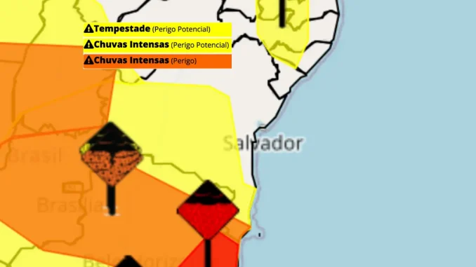 Mapa da Bahia com alerta de tempestade: Feira de Santana e 54 municípios em risco com chuvas fortes, ventos e granizo