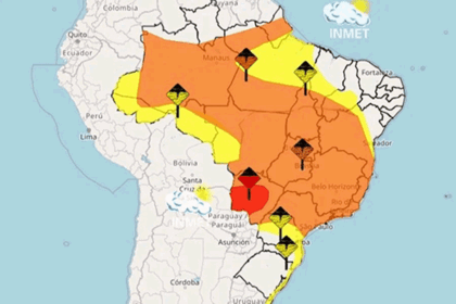 Mapa do Brasil com alerta amarelo de tempestades em 12 estados, ícones de chuva forte, granizo e ventos 60 km/h