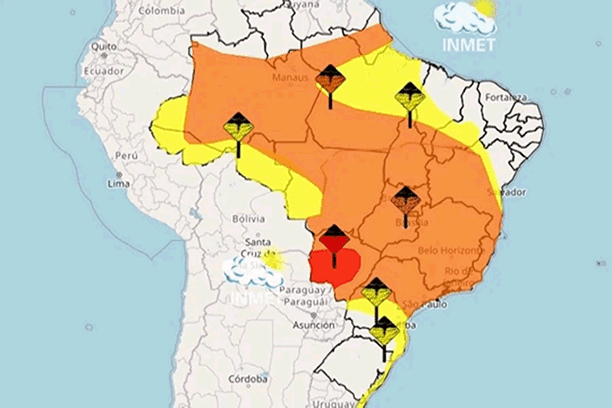 Mapa do Brasil com alerta amarelo de tempestades em 12 estados, ícones de chuva forte, granizo e ventos 60 km/h