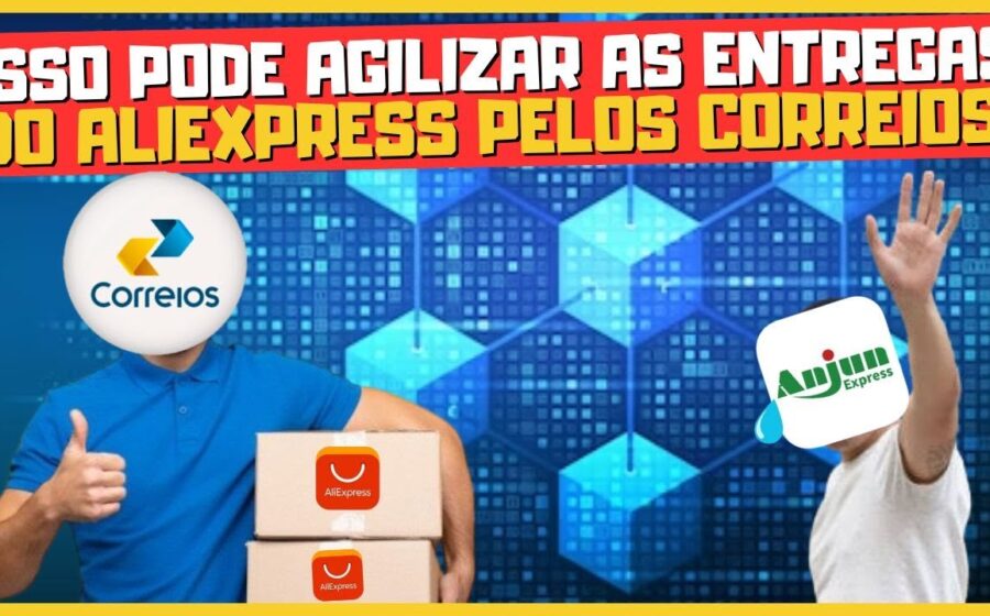 Logos AliExpress e Correios sobre caixas de entrega com caminhão ao fundo